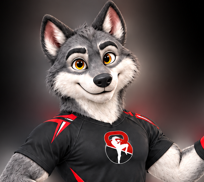 Carlo, der KAC-Wolf und Maskottchen des Kampfsport & Athleticcenter Calau, in den Vereinsfarben Schwarz, Rot und Weiß